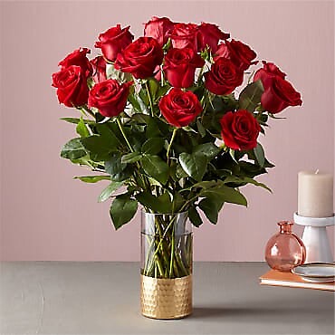 Classic Dozen Roses in Gold Band Vase